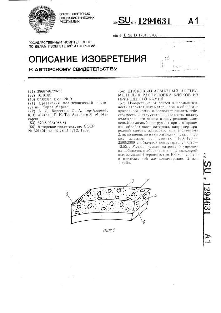 Дисковый алмазный инструмент для распиловки блоков из природного камня (патент 1294631)