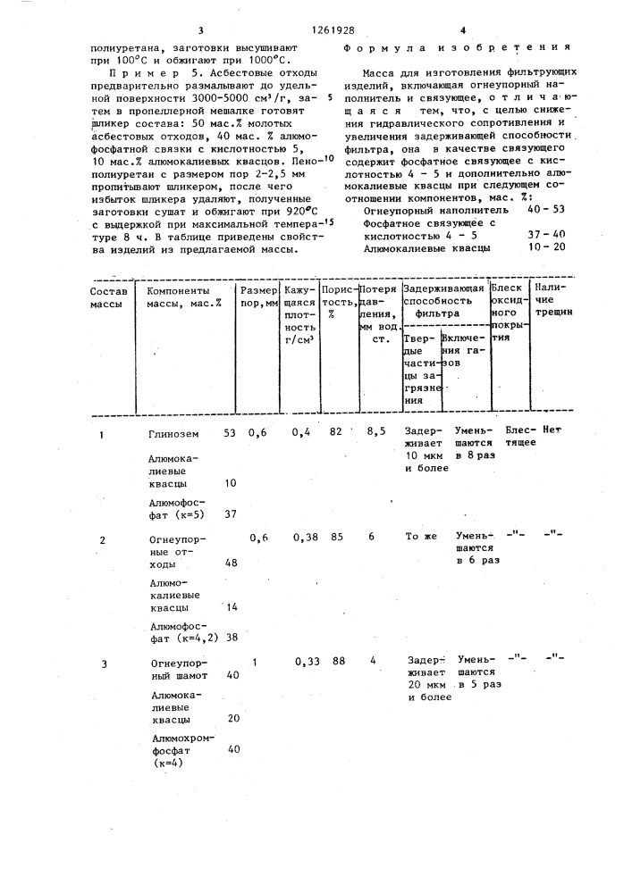 Масса для изготовления фильтрующих изделий (патент 1261928)