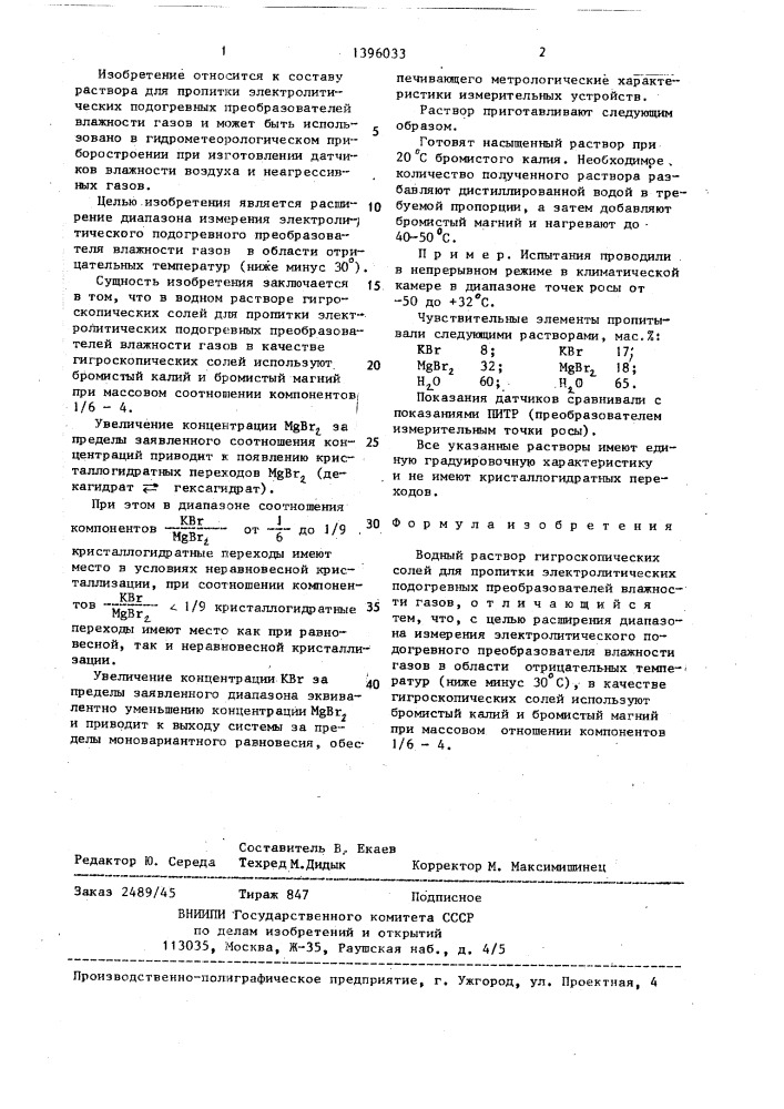 Водный раствор гигроскопических солей для пропитки электролитических подогревных преобразователей влажности газов (патент 1396033)