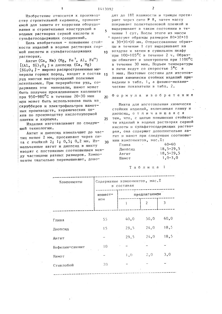 Шихта для изготовления химическистойких изделий (патент 1413092)