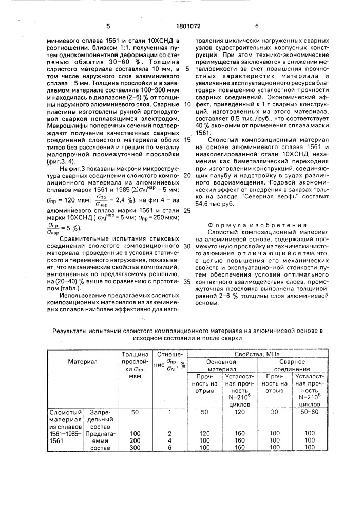 Слоистый композиционный материал на алюминиевой основе (патент 1801072)