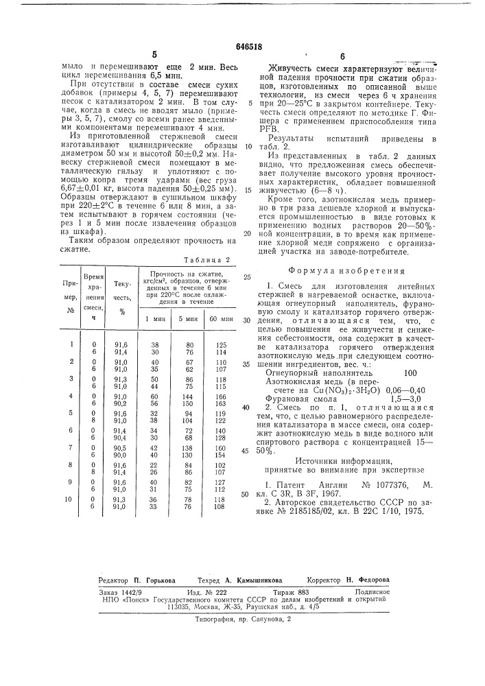 Смесь для изготовления литейных стержней в нагреваемой оснастке (патент 646518)