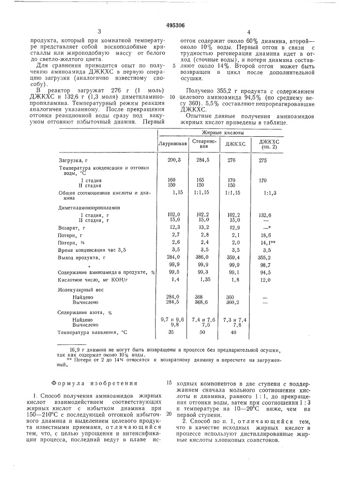 Способ получения аминоамидов жирных кислот (патент 495306)