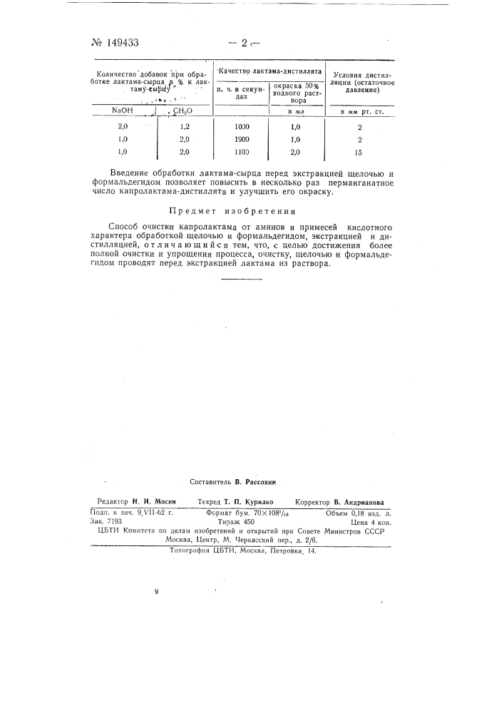 Способ очистки капролактама (патент 149433)