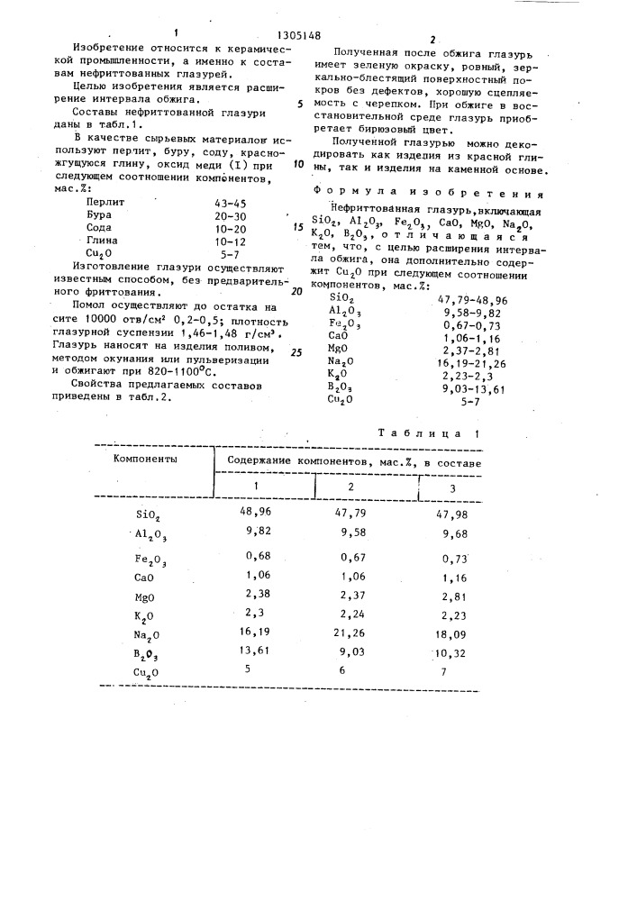 Нефриттованная глазурь (патент 1305148)