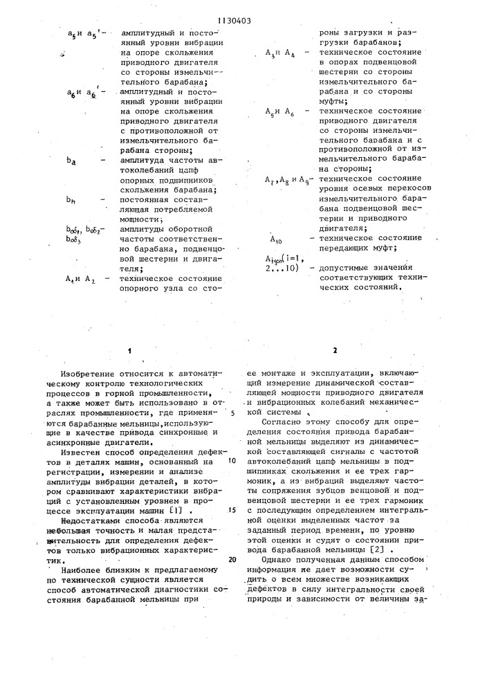 Способ автоматической диагностики барабанной мельницы (патент 1130403)