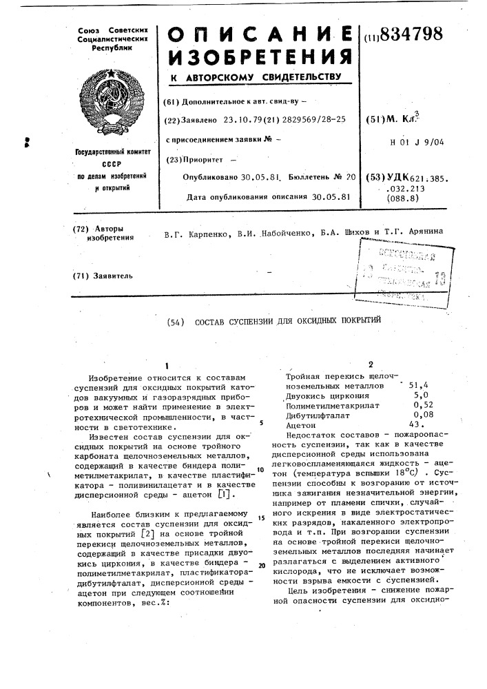 Состав суспензии для оксидныхпокрытий (патент 834798)