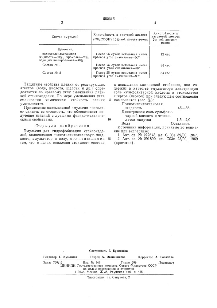 Эмульсия для гидрофобизации стеклоизделий (патент 552315)