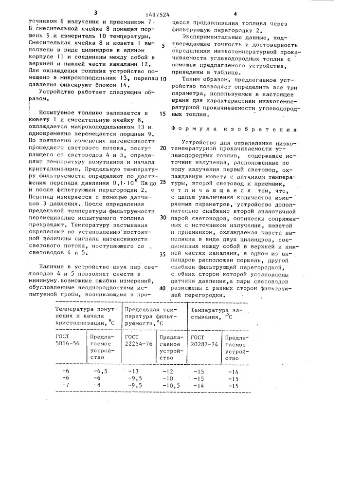 Устройство для определения низкотемпературной прокачиваемости углеводородных топлив (патент 1497524)