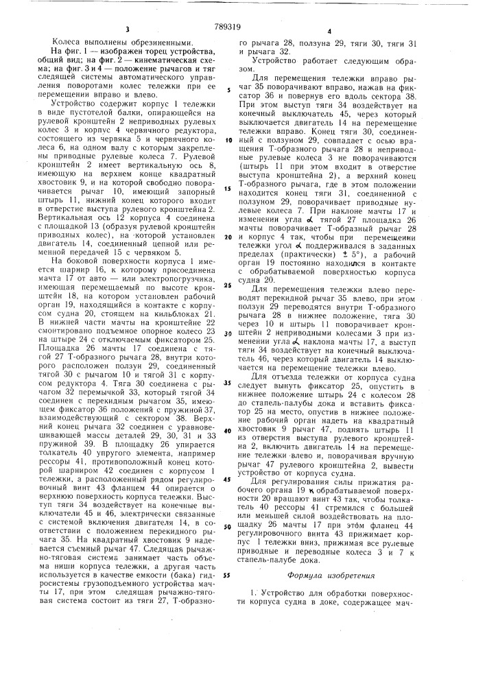 Устройство для обработки поверхности корпуса судна в доке (патент 789319)
