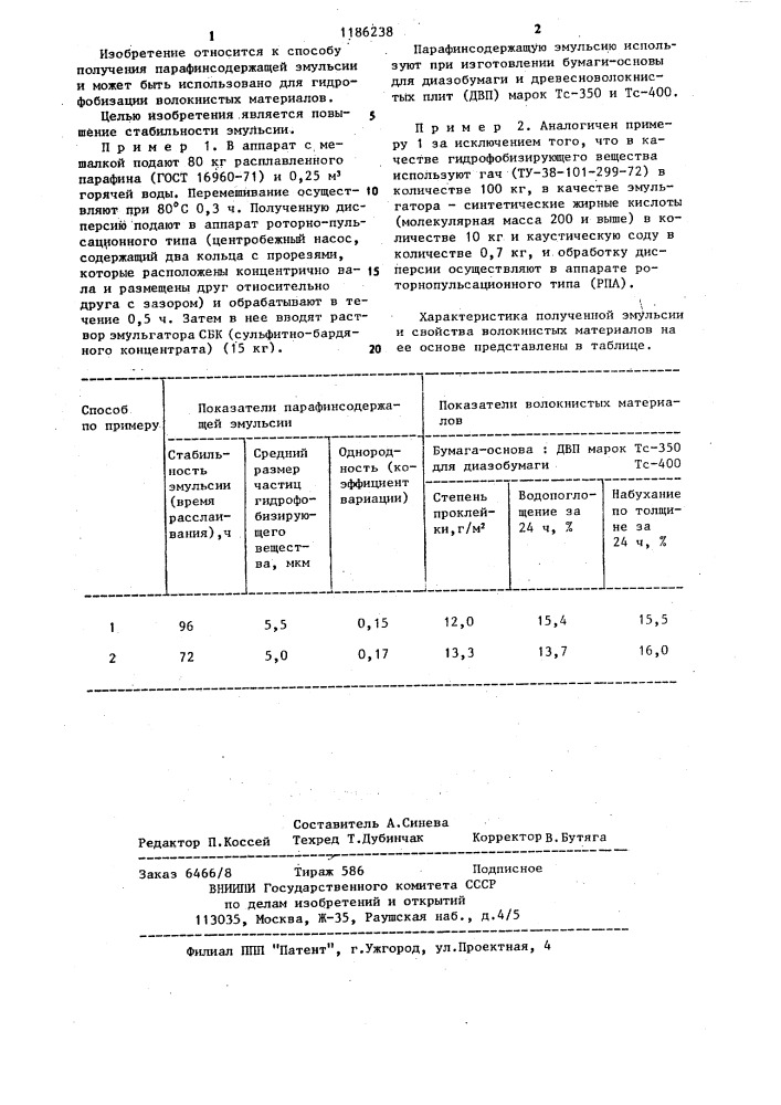 Способ получения парафинсодержащей эмульсии, стабилизированной эмульгатором,для гидрофибизации волокнистого материала (патент 1186238)