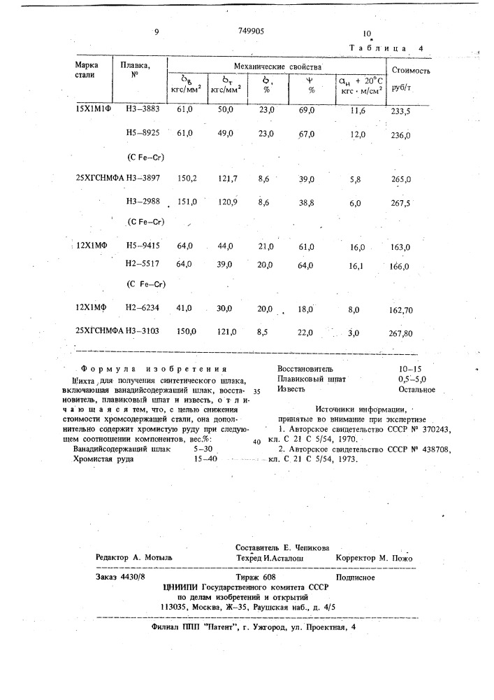 Шихта для получения синтетического шлака (патент 749905)