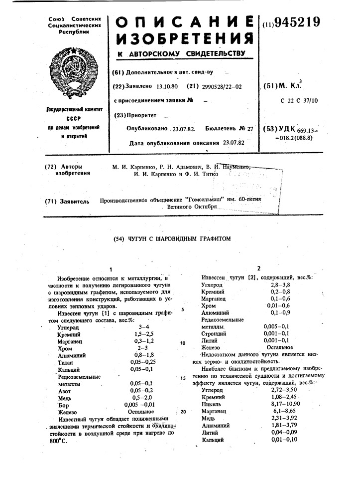 Чугун с шаровидным графитом (патент 945219)