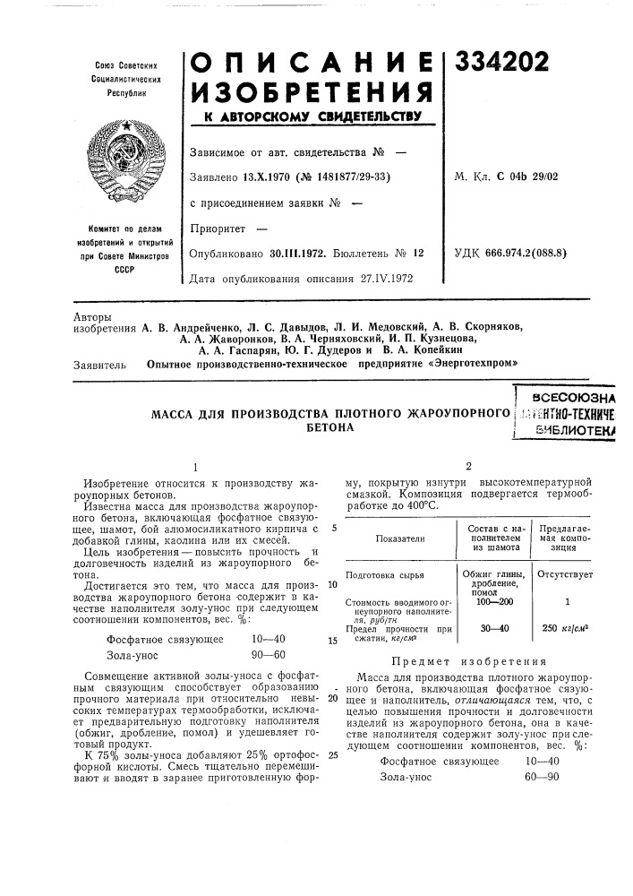 Масса для производства плотного жароупорного j !,1|?нтно- техничебетонаj библиотека (патент 334202)