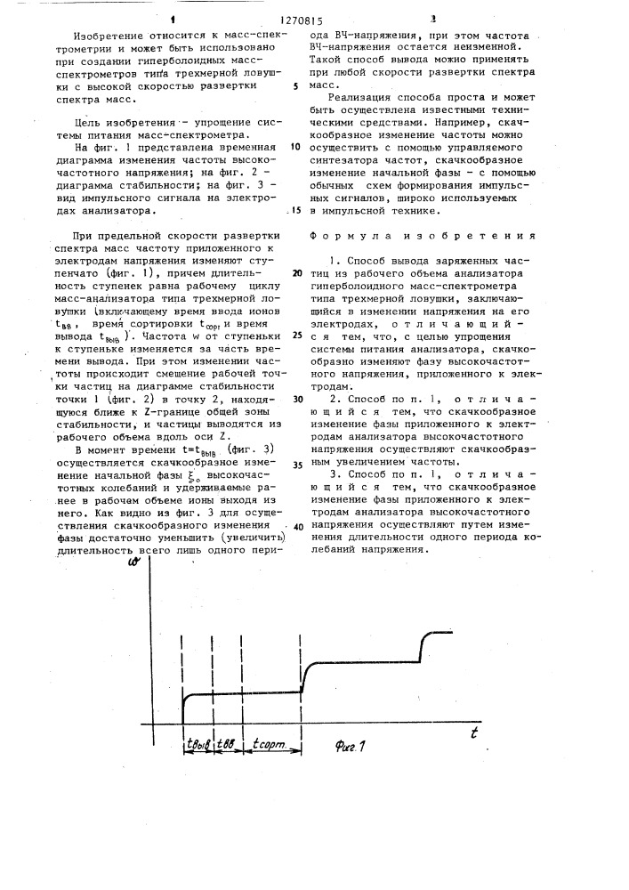 Способ вывода заряженных частиц из рабочего объема анализатора гиперболоидного масс-спектрометра типа трехмерной ловушки (патент 1270815)