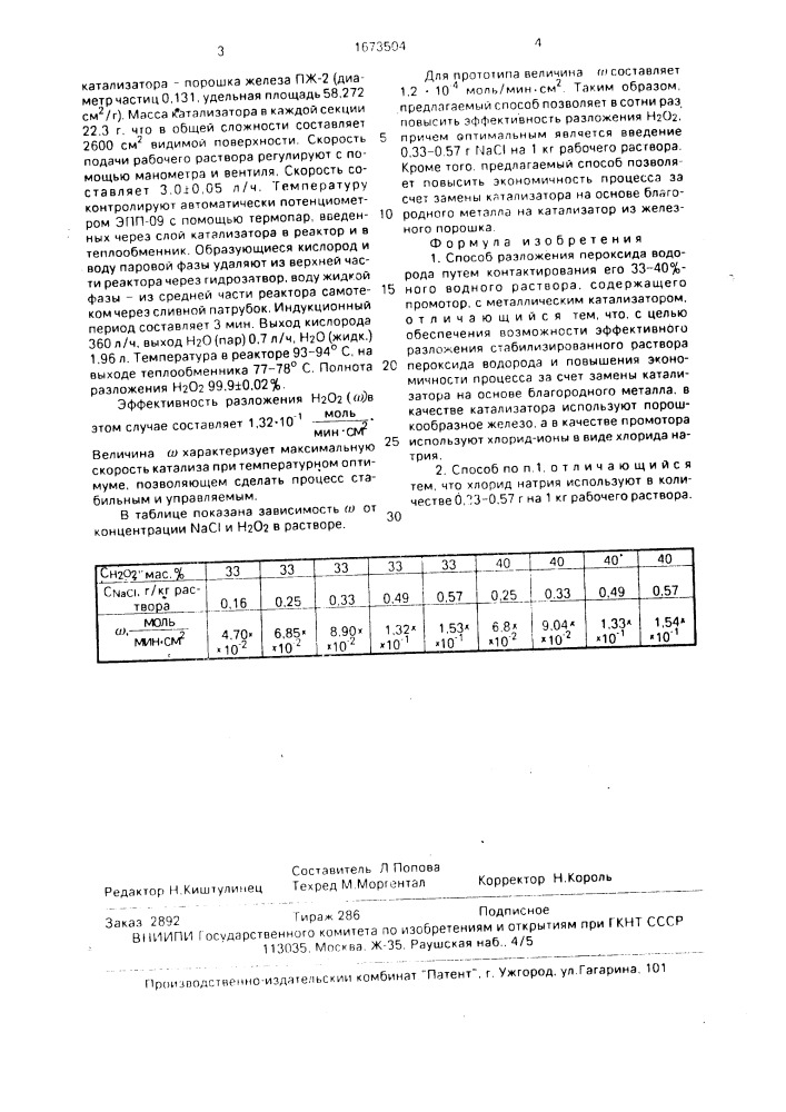 Способ разложения пероксида водорода (патент 1673504)