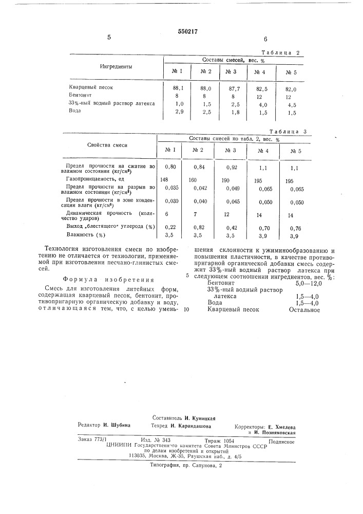 Смесь для изготовления литейных форм (патент 550217)