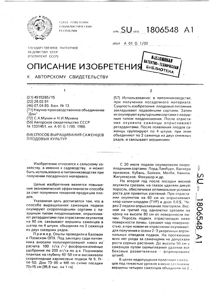 Способ выращивания саженцев плодовых культур (патент 1806548)