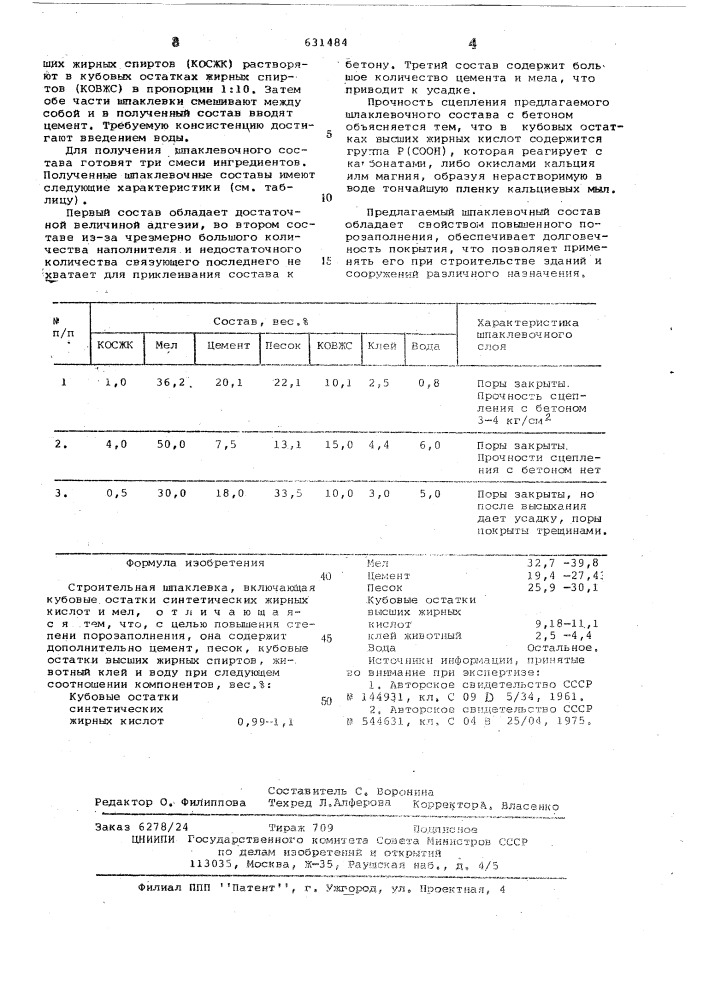 Строительная шпаклевка (патент 631484)