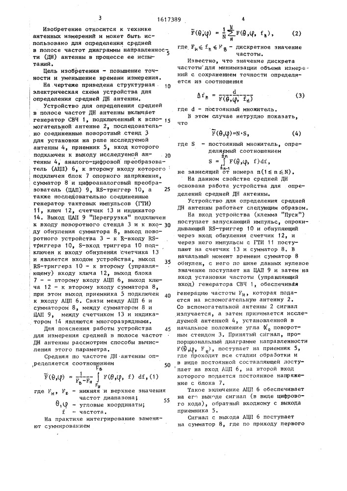 Устройство для определения средней в полосе частот диаграммы направленности антенны (патент 1617389)