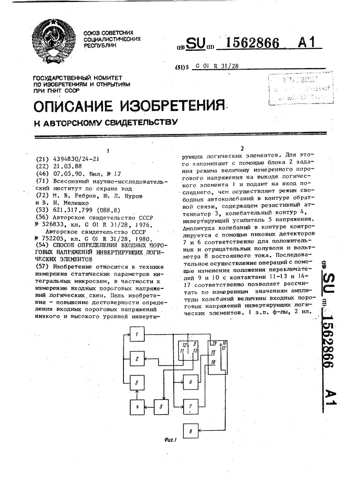 Способ определения входных пороговых напряжений инвертирующих логических элементов (патент 1562866)