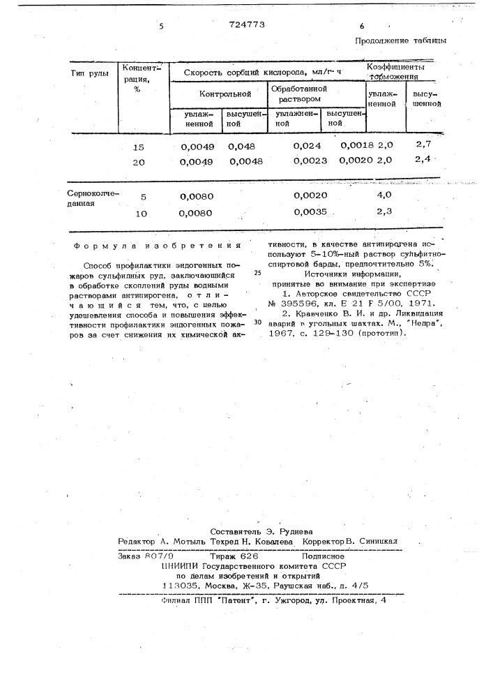 Способ профилактики эндогенных пожаров сульфидных руд (патент 724773)