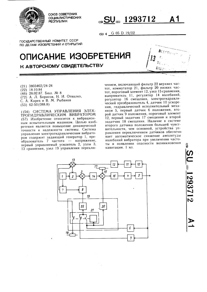 Система управления электрогидравлическим вибратором (патент 1293712)