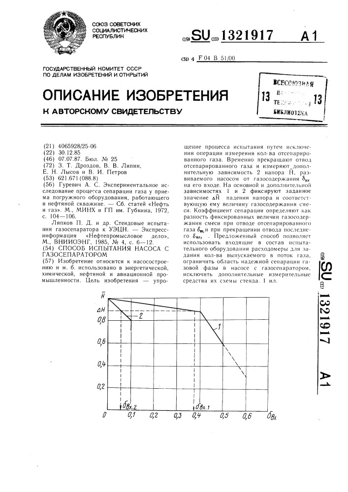 Способ испытания насоса с газосепаратором (патент 1321917)