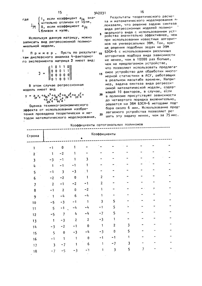 Устройство для синтеза регрессионных моделей многомерной статистики (патент 942031)