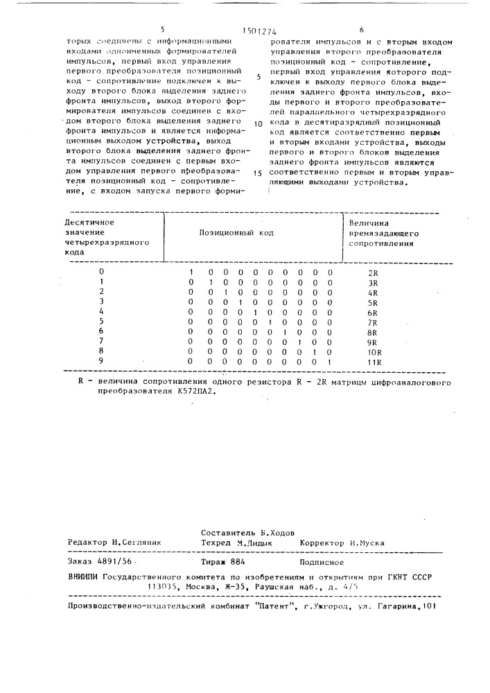 Устройство для преобразования кодов (патент 1501274)