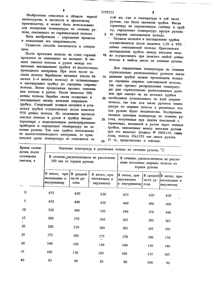 Способ определения температуры по сечению рулона из полосового материала (патент 1199322)