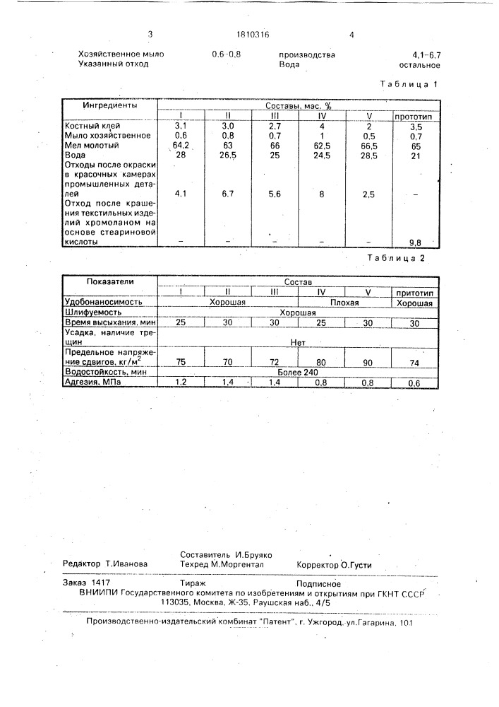 Шпаклевка (патент 1810316)