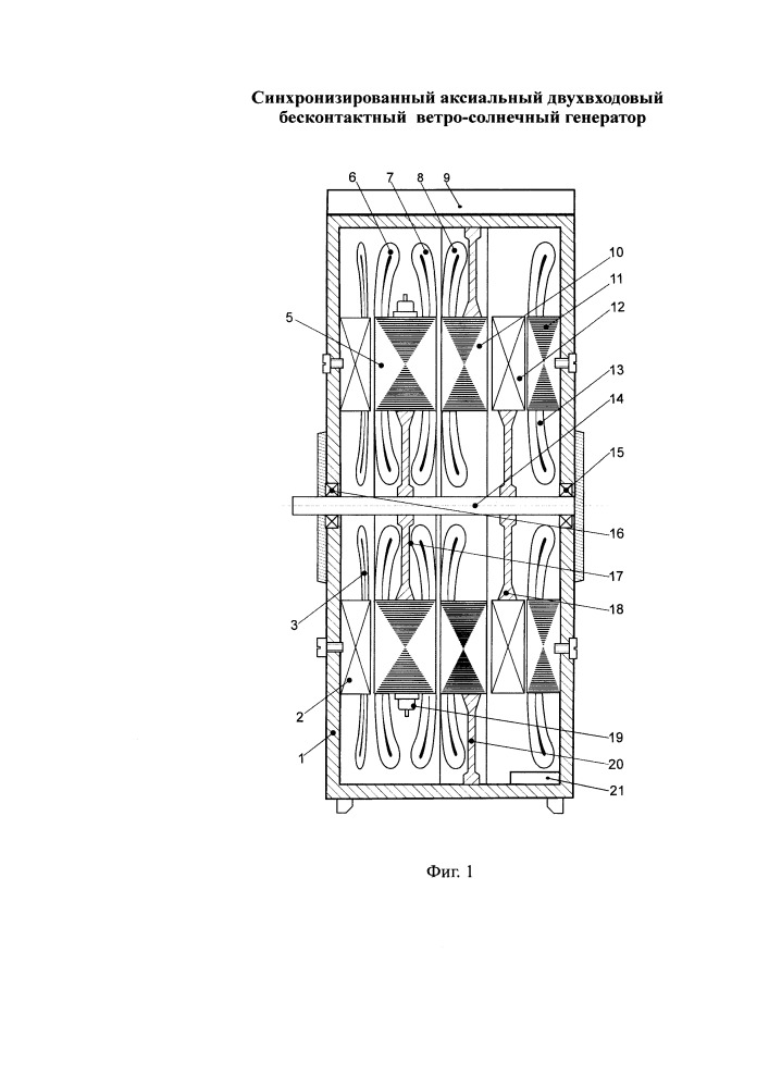 Синхронизированный аксиальный двухвходовый бесконтактный ветро-солнечный генератор (патент 2655379)