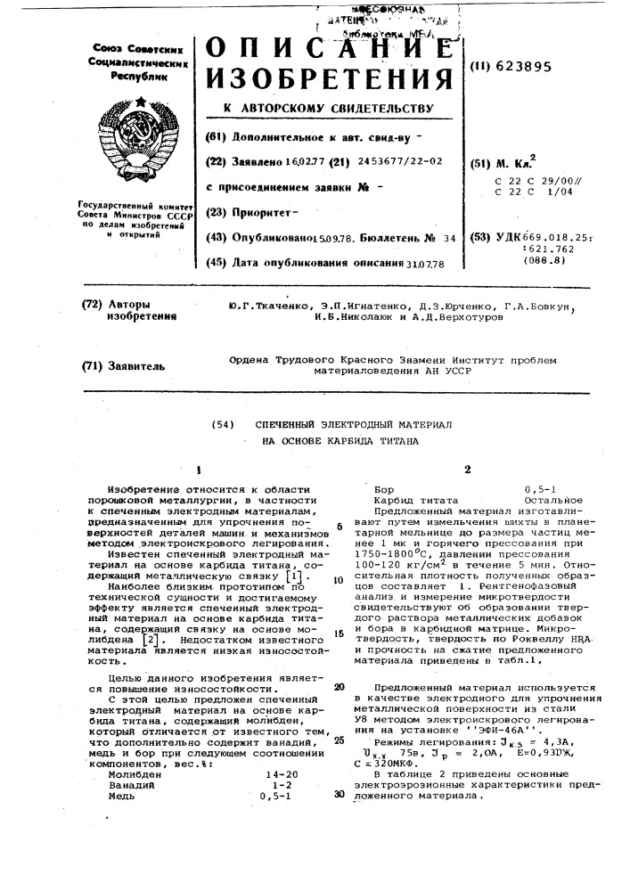 Спеченный электродный материал на основе корбида титана (патент 623895)