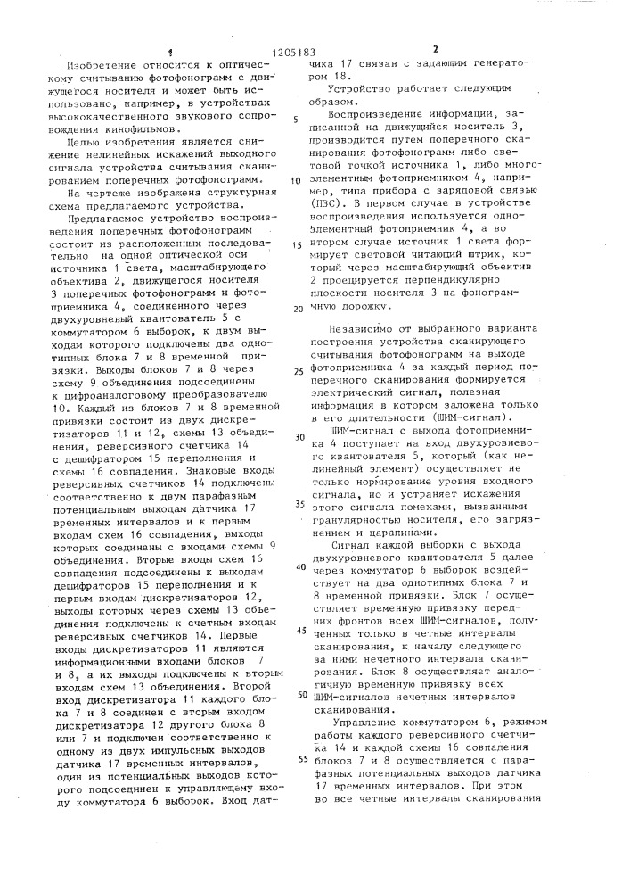 Устройство сканирующего воспроизведения поперечных фотофонограмм (патент 1205183)