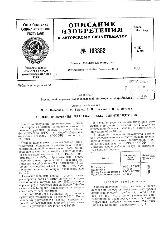Способ получения пластмассовых сцинтилляторов (патент 163352)