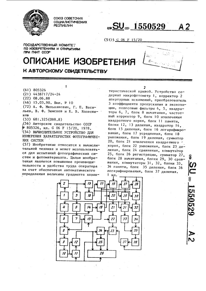 Вычислительное устройство для измерения характеристик фотографических систем (патент 1550529)