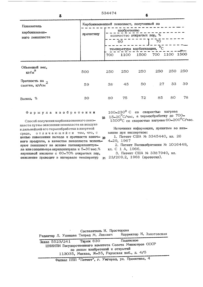 Способ получения карбонизованного пенопласта (патент 534474)