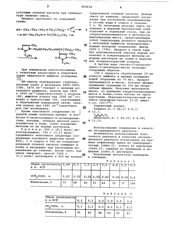 Гексил-2-оксиэтиламино-4-антипирилме-tah kak реагент для экстракциии концентрирования металлов изводных pactbopob b керосин иличетыреххлористый углерод (патент 804636)