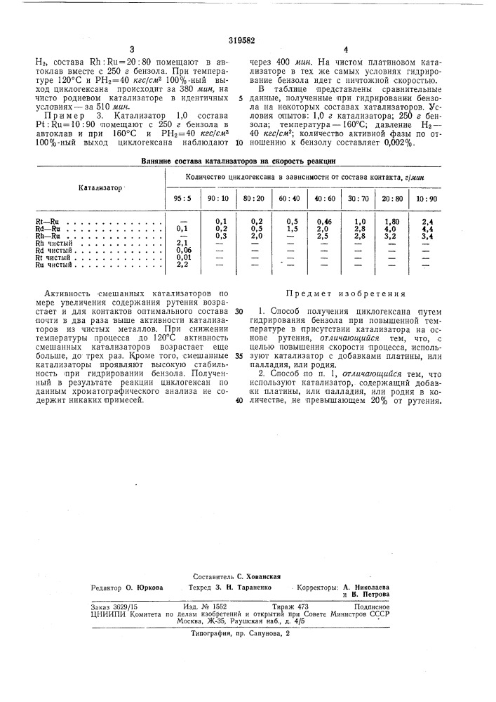 Способ получения циклогексаш (патент 319582)