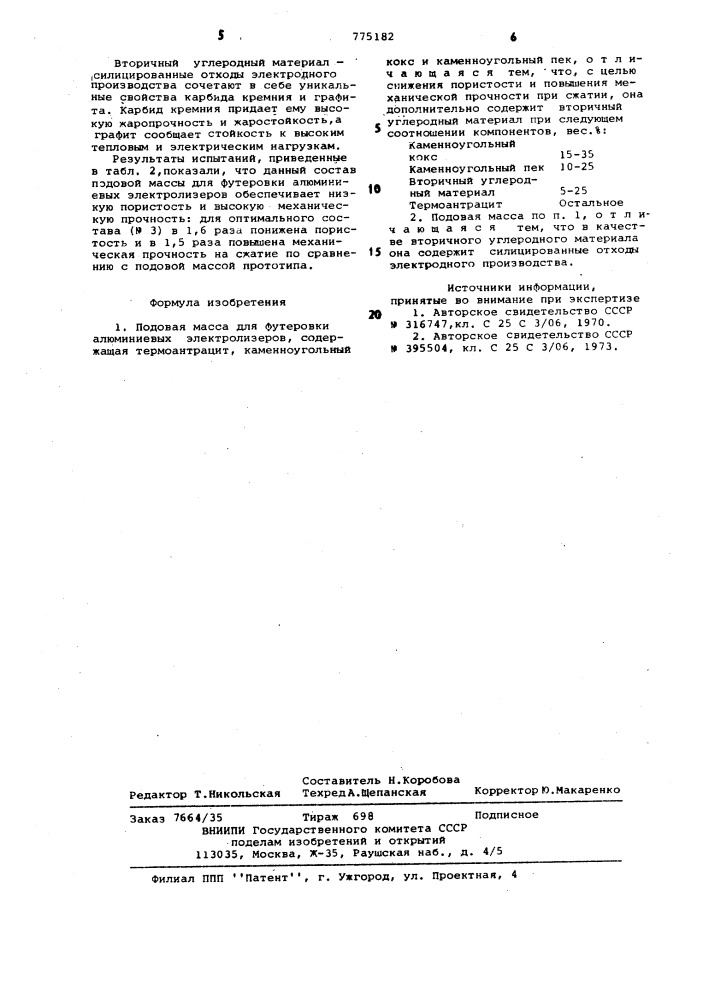 Подовая масса для футеровки алюминиевых электролизеров (патент 775182)