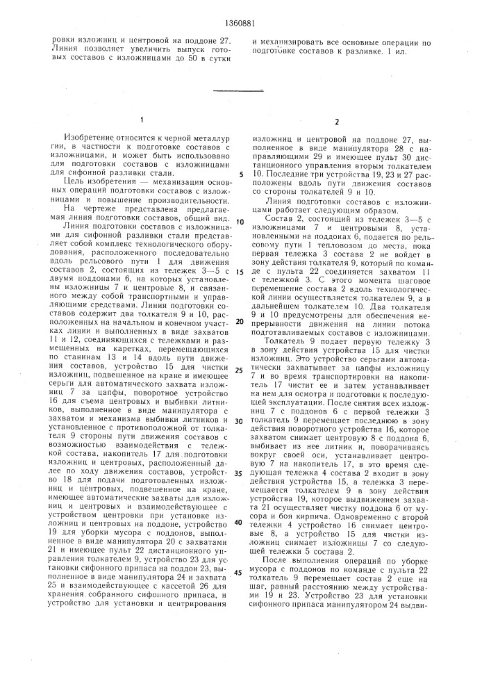 Линия подготовки составов с изложницами для сифонной разливки стали (патент 1360881)
