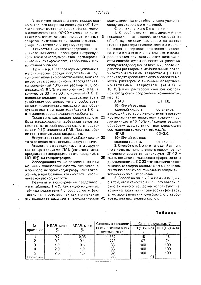 Способ очистки металлической поверхности от отложений (патент 1704863)