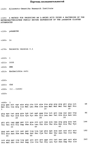 Способ получения l-треонина и l-аргинина с использованием бактерии, принадлежащей к роду escherichia, в которой инактивирован кластер генов yehabcde (патент 2337960)