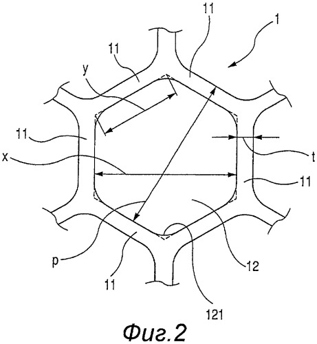 Сотовый носитель с гексагональными ячейками и сотовый катализаторный блок с гексагональными ячейками (патент 2434147)