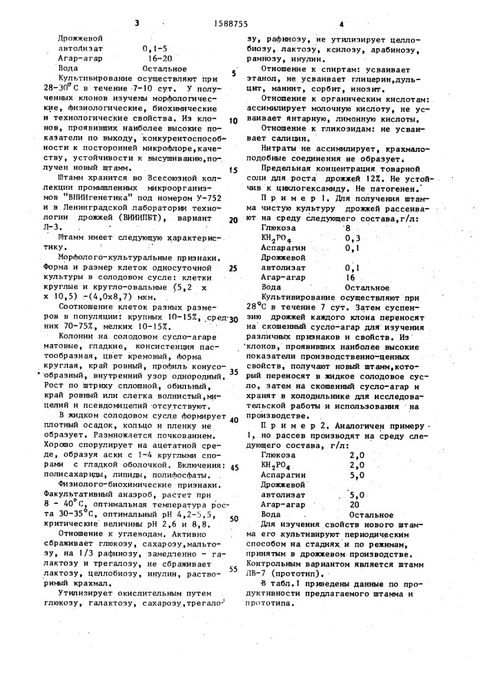 Штамм дрожжей sасснаrомyсеs cerevisiae, используемый для приготовления прессованных и сушеных хлебопекарных дрожжей (патент 1588755)