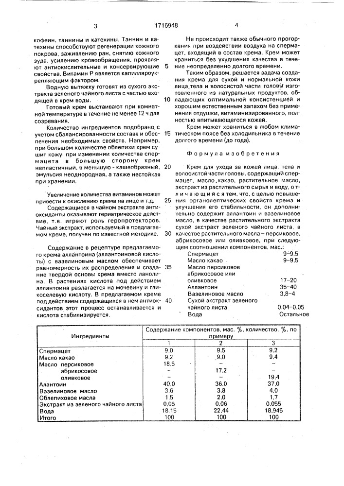 "крем "таня" для ухода за кожей лица, тела и волосистой части головы" (патент 1716948)