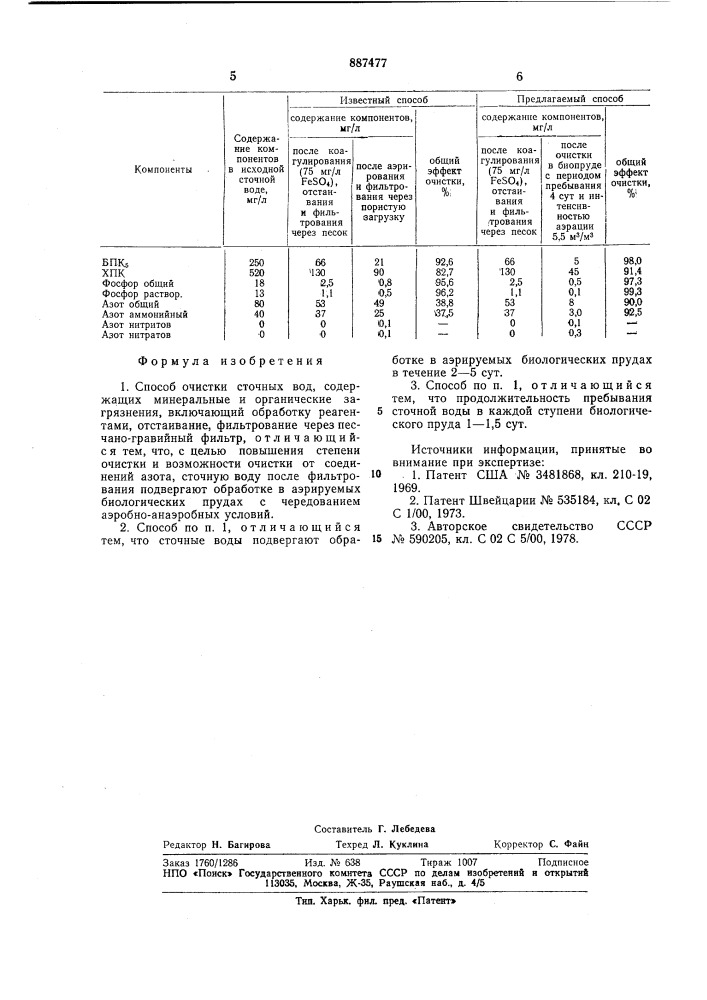 Способ очистки сточных вод (патент 887477)