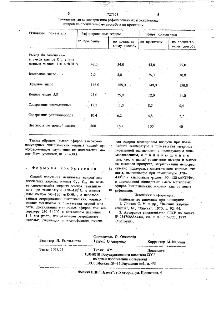 Способ получения метиловых эфиров синтетических жирных кислот с18-с25 (патент 727623)