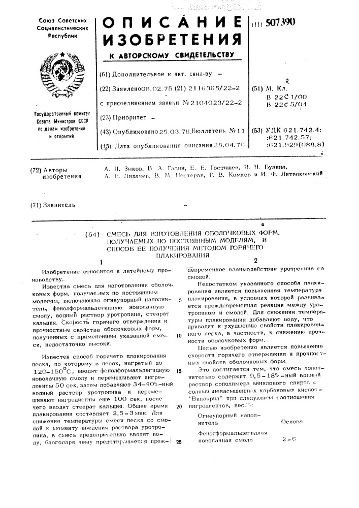 Смесь для изготовления оболочковых форм, получаемых по постоянным моделям, и способ ее получения методом горячего плакирования (патент 507390)